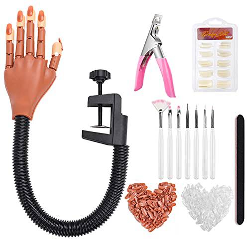 Practice Hand for Acrylic Nails, Flexible Nail Training Maniquin Practice Hand, Moveable Practice Nail Hand wth 200 Pcs Replaceable Nails for Acrylic Nail Manicure DIY