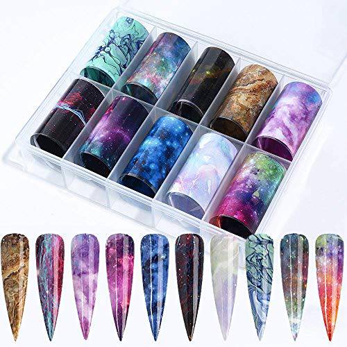 Marble Nail Art Foils Transfer Stickers Marble Stone Nail Foil Adhesive Decals 10 Rolls Foils Transfer Holographic Starry Sky Marble Designs Decal for Women Acrylic Nails Decoration Manicure Tips