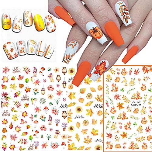 Doneace Fall Nail Art Stickers Autumn Maple Leaves Nail Decals 3D Self-Adhesive Nail Art Supplies 9PCS Gold Maple Leaf Butterfly Abstract Face Rose Designs Nail Stickers for Women
