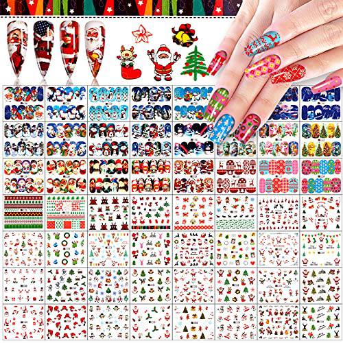 72 Sheets Christmas Nail Art Stickers Decals, EBANKU Adhesive Water Transfer Nail Decals Snowflake Santa Claus Reindeer Christmas Bell Socks Design for Women Girls DIY Nail Manicure Decoration