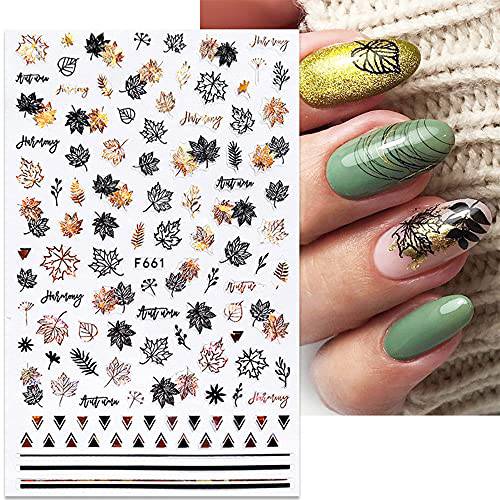 Fall Nail Art Stickers Decals 8 Sheets Maple Leaf Large 5D Embossed Bronzing Nail Art Supplies Nail Art Decoration Gold Black Designs Nail Art Accessories for Women and Girls DIY Acrylic Nail Art
