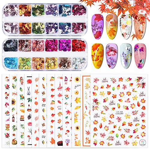 36 Pcs Autumn Fall Nail Art Stickers and Maple Leaf Nail Glitter Sequins, Kalolary 3D Self-Adhesive Fall Maple Leaf Nail Decals Stickers Splarkly Nail Sequins Flake Acrylic Manicure Paillettes