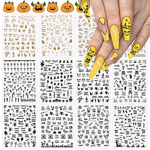 EBANKU 12 Sheets Halloween Nail Stickers, Black Gold 3D Self-Adhesive Nail Decals Ghost Pumpkin Grimace Skull Spider Cat Nail Sticker Designs for Women Girls Halloween Party