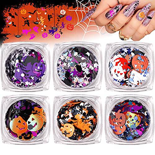 6 Boxes Halloween Nail Art Glitter Sequins, TOROKOM Holographic Laser Pumpkin Spider Witch Confetti Glitter for Acrylic Nail Art Flakes Sparkly Manicure for Halloween Nail Art Party Supplies