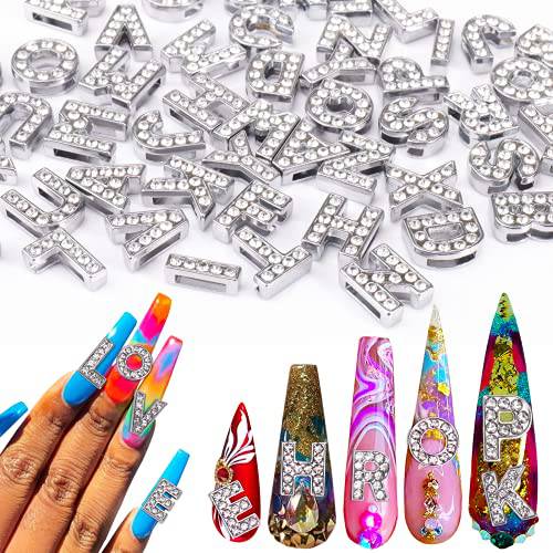AIERSA Large Letter Nail Charms, 52 Pcs 3D Rhinestones Bling Alphabet Stickers for Nail Art Decoration Accessories, Silver, Alloy, 12 mm Tall