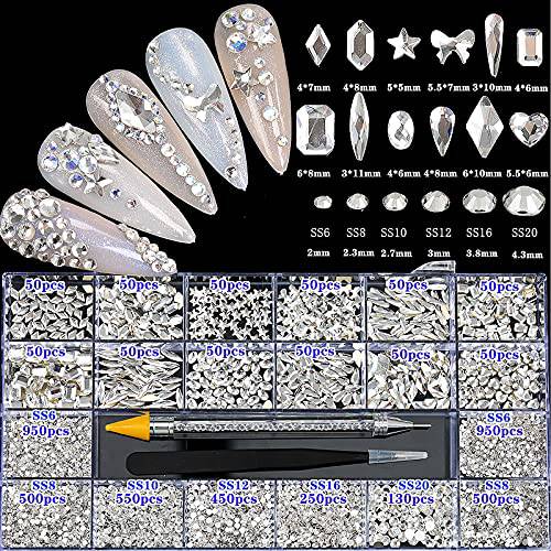 4880Pcs Rhinestones for Nail, White Crystal Nail Rhinestones Set, Nail Round Beads Flatback Glass Gems Stones, Multi Shapes Nail Rhinestones for Nail DIY Crafts Clothes Shoes Jewelry
