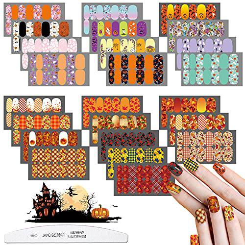 JERCLITY 24 Sheets Halloween Nail Polish Strips Stickers Maple Leaf Full Nail Wraps for Women Halloween Nails Art Nail Stickers for Halloween Design with Nail File