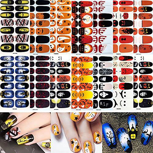 Halloween Nail Polish Stickers, 196PCS Halloween Nail Wraps Pumpkin Bat Ghost Spider Witch Nail Design Full Cover Halloween Nail Art Strips Decals for Halloween Party