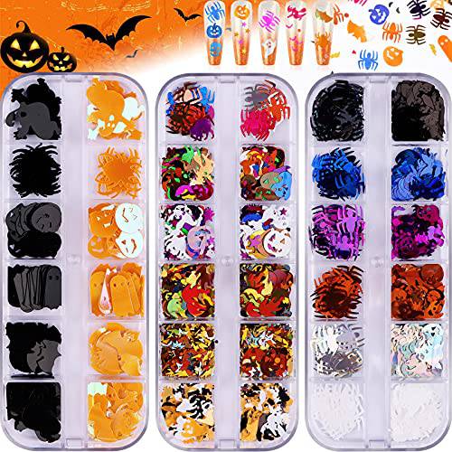 Halloween Nail Art Glitter Sequins, EBANKU 3D Holographic Skull Spider Pumpkin Bat Ghost Witch Shape Confetti Glitter for Acrylic Nails Design Halloween Party（3 Boxes）