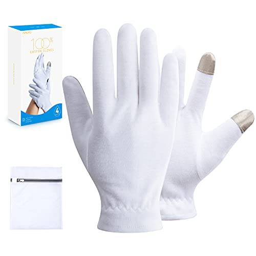 MNOPQ 100% Cotton Moisturizing Gloves, White Cotton Gloves Overnight Bedtime for Moisturizing Hands, Eczema | Touch Screen, Wristband and Washing Bag, 4 Pairs Medium