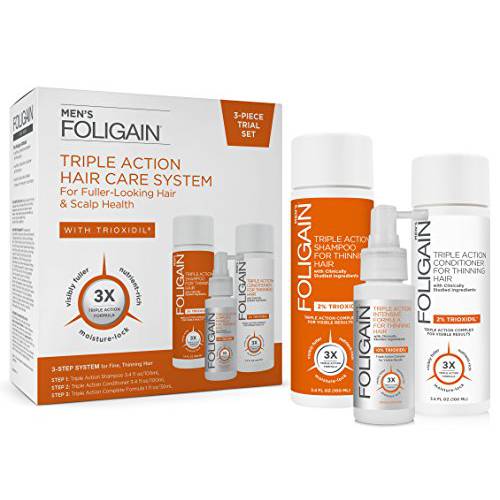 Foligain Triple Action Hair Care System For Men, Revitalizing Hair Products, 3-Piece Travel Set,13260