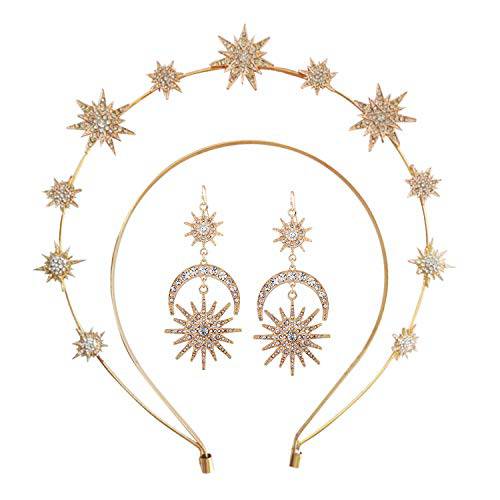 Zivyes Halo Crown Stars Goddess Crown Halo Headband Tiaras and Crowns for Women Boho Bridal Wedding Headpiece (1-Gold Crown With Earrings)