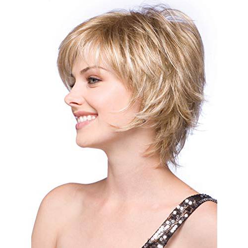 Short Blonde Pixie Cut Wigs for White Women with Bangs Shaggy Layered Mixed Blonde Natural Wavy Synthetic Hair Wig Heat Resistant Fiber Hair Replacement Wig