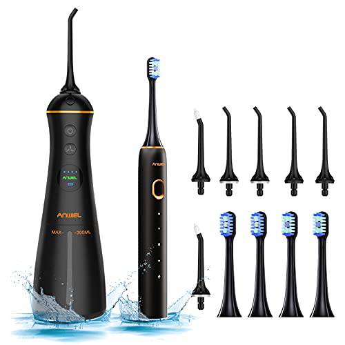 Water Flosser and Ultrasonic Electric Toothbrush Combo, Cordless Dental Oral Irrigator with DIY Modes 6 Jet Tips & 4 Brush Heads, LCD Display, 300ML IPX7 Waterproof Teeth Cleaner for Braces Care