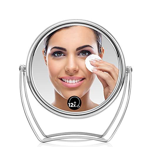 OMIRO Travel Vanity Mirror – 5 Inch Double-Sided 1X/12X Magnification Swivel Makeup Mirror with 360° Pivot Stands, Chrome Finish