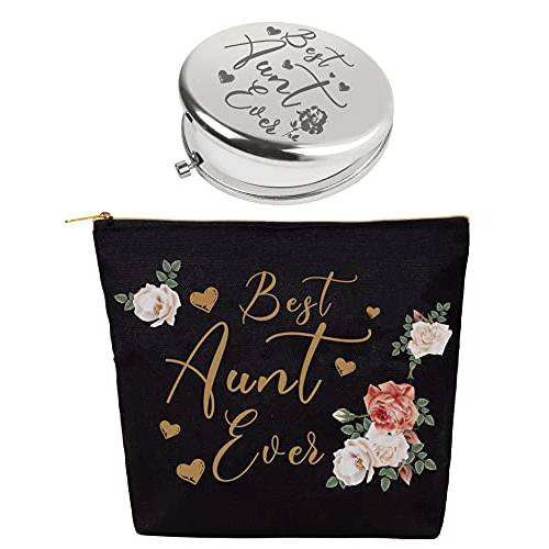 Best Aunt Ever Gifts,Aunt Gift,Aunt Gifts from Niece,Auntie Gifts,Aunt Bday Gift from Niece,Gifts for Aunt,Birthday Gifts for Aunt,Aunt Compact Mirror,Best Aunt Makeup Bag,Aunt Cosmetic Bag