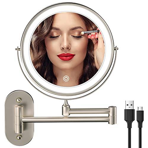 Rechargeable Wall Mounted Lighted Makeup Mirror with 3 Color Lights, 8 Inch Double Sides LED Vanity Mirror 1X 5X Magnification, 360° Swivel Extension Bathroom Shaving Magnifying Mirror with Light