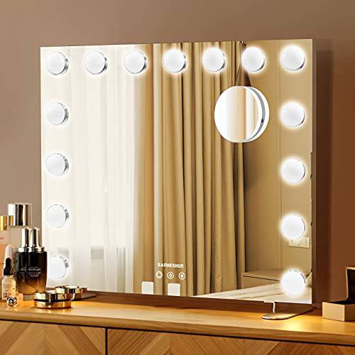 Makeup Mirror with Lights，Hollywood Lighted Vanity Mirror with 9 Bulbs with Phone Holder Detachable 10X Magnifier, 3 Colors Lights Smart Touch Control Screen for Bedroom, Tabletop or Wall-Mounted