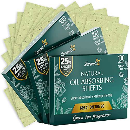 Natural Green Tea Blotting Paper for Oily Skin - 25%Larger Sheets (4.7x3”) - 300 Oil Blotting Sheets for Face - Makeup Friendly - Easy Dispensing