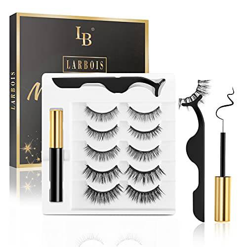 Larbois Magnetic Eyelashes 5 Pairs, Magnetic Eyelashes with Eyeliner Kit Easy to Wear, Comfortable ＆ Reusable False Lashes From Natural to Gorgeous Styles No Glue Needed