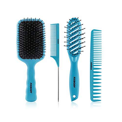FIXBODY 4PCS Paddle Hair Brush, Detangling Brush and Hair Comb Set for Men and Women, Great On Wet or Dry Hair, No More Tangle Hairbrush for Long Thick Thin Curly Hair, Blue