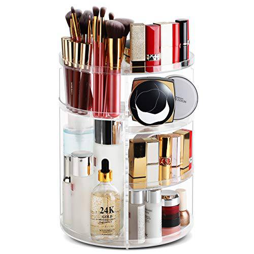 Syntus 360 Rotating Makeup Organizer, Acrylic DIY Adjustable Bathroom Makeup Carousel Spinning Holder Rack, Large Capacity Cosmetics Storage Box Vanity Countertop, Fits Makeup Brushes Lipsticks, Clear