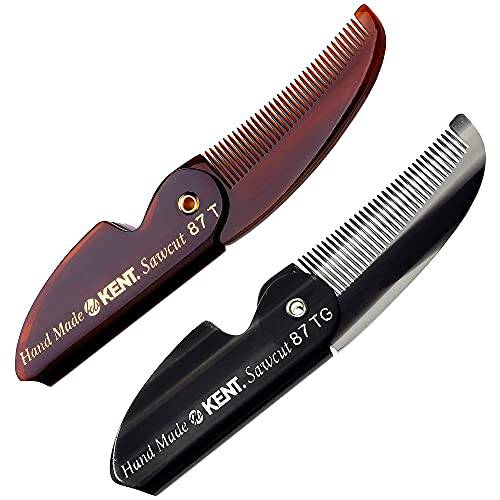 Kent 87T Combo Handmade Folding Pocket Comb for Men, Fine Tooth Hair Comb Straightener for Everyday Grooming Styling Hair, Beard or Mustache, Use Wet or Dry, Saw Cut Hand Polished, Made in England