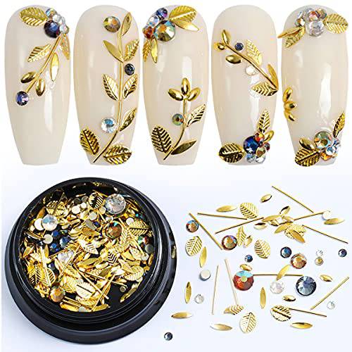 3D Nail Art Metal Decals Nail Art Charms Decoration Supplies Accessories Golden Leaf Line Stud Mixed Colorful Rhinestones for Women Girl Nails Acrylic Design