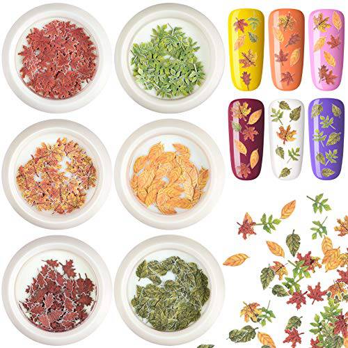 PAGOW 6 Boxes 3D Maple Leaf Nail Glitter Sequins Stickers, Fall Leaves Manicure Art Flakes Decals Decorations Supply for Women Girls -Green, Red, Yellow, Reddish , Gradient Yellow, Dark Green