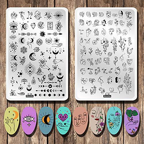 2pcs Large Abstract Face Galaxy Nail Stamping Plates Line Girl Face Pictures Stencil Moon Star Space Nail Picture Design Stamp Templates Mix Flower Leaf Starry Sky Stainless Steel Nail Art Image Plate