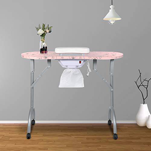 LEIBOU Professional Folding Portable Vented Beauty Manicure Table Nail Desk Salon Spa with Fan &Bag (35’’x 16’’x 28’’) (Pink Flower)