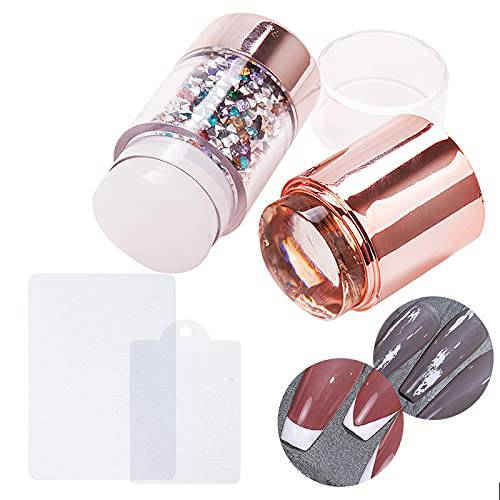 MACUR Double-Sided Nail Art Stamper Golden Double-headed Stamper with Rhinestones Clear Silicone Stamping Jelly 2PCS Scraper Set Print Image Plate Manicure Tools Supplies