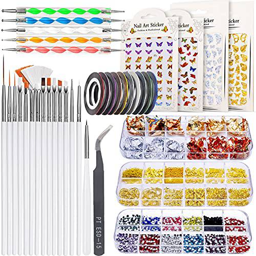 JOYJULY Nail Brushes for Nail Art, Nail Art Kit for Beginners with Nail Art Brushes Dotting Tools Holographic Nail Art Stickers Nail Foil Tape Strips and Nails Art Rhinestones and Pick-Up Tweezers
