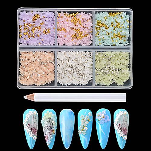 BAIYIYI Mixed 3D Flower Nail Charms and Metal Caviar Beads, Acrylic Resin Flowers Nail Design Gold Silver Nail Ball Beads for DIY Decoration Nail Craft Accessories With Pickup Pencil