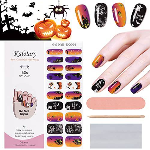 20Pcs Halloween Semi Cured Gel Nail Polish Strips, Kalolary Halloween Nail Art Polish Sticker Skull Full Wrap Gel Polish Halloween Nail Art Design Stickers with Nail File and Stick(UV Lamp Required)
