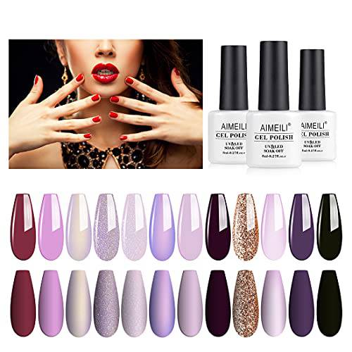 AIMEILI Soak Off Purple Glitter Gel Nail Polish Color Set Manicure Gifts LED Gel Nail Kit Of 12pcs X 8ml - Kit Set 19