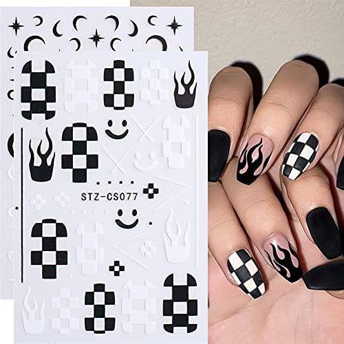 Nail Art Stickers Decals, Self Adhesive Nail Stickers Nail Art Supplies Black White Nail Designs 3D Checkerboard Flame Star Moon Smile Line Nail Stickers for Acrylic Nails Women Manicure Decorations