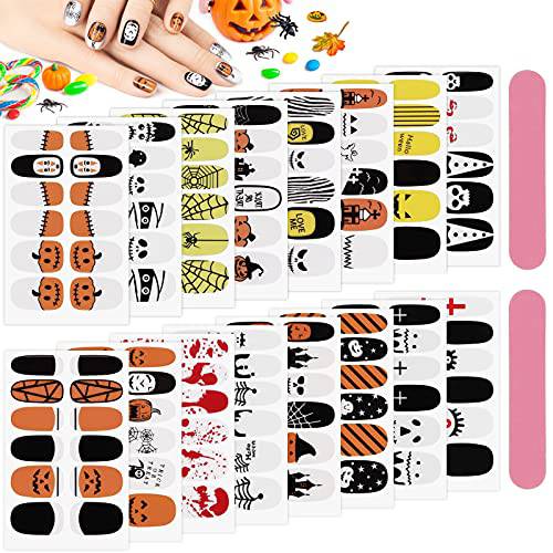 Kalolary 16 Sheets Halloween Nail Wraps Stickers Nail Polish Strips Self-Adhesive Full Wraps Pumpkin Bat Skull Ghost Spider Nail Art Stickers Decals with Nail File for Halloween Nail Decorations DIY