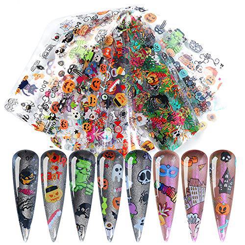 Halloween Nail Transfer Foil Sticker Day of The Dead Nail Decals Fall Nail Stickers Pumpkin Witch Skull Vampire Slider Design Full Wrap Nail Decals Polish Strips Holographic Foils Paper 10pcs/Set