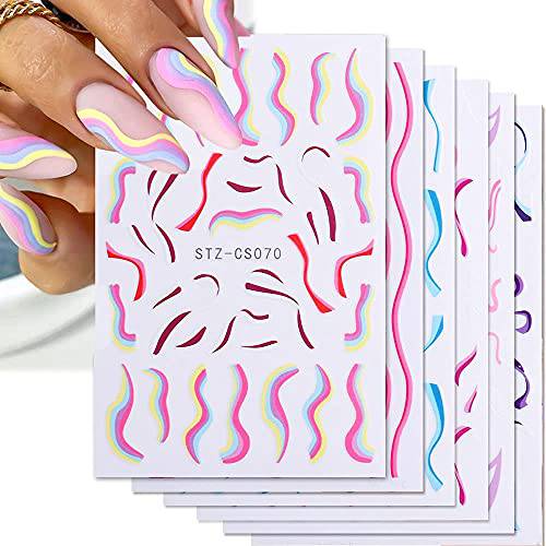 6 Sheets Color Wave Line Nail Stickers Nail Decals, 3D Curve Lines Irregular Whirling Lines Self-Adhesive Nail Art Supplies, French Abstract Swirl Strips Nail Decorations Accessories for Manicure Design