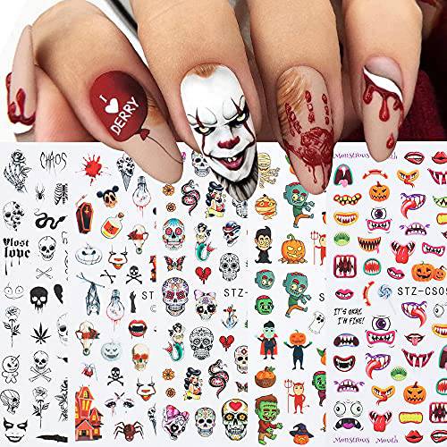 3D Halloween Nail Art Stickers Halloween Nail Design Nail Decals Self Adhesive Nail Stickers 5 Sheets Day of The Dead Nail Art Supplies Skull Pumpkin Butterfly Sticker for Halloween Nail Decorations