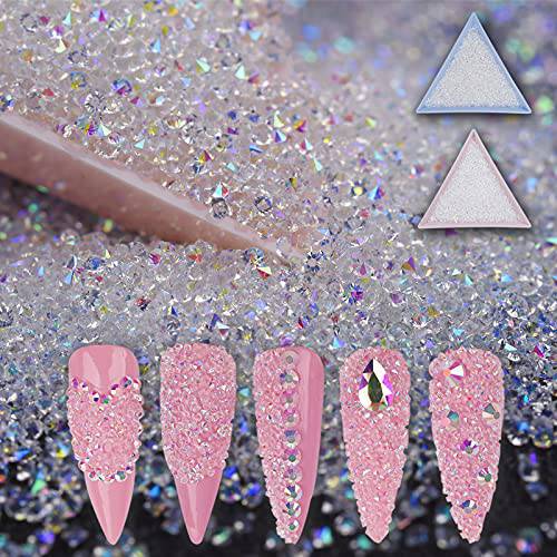 8000Pcs Ultra Mini 1.2mm Nail Rhinestones Sand Nail Diamonds Micro Pixie Crystals for Nails Iridescent AB Shine, Beads for Nail Bling,Tiny Nail Gems Rhinestones for Crafts, 2Pcs Nail Tray(Clear AB)…