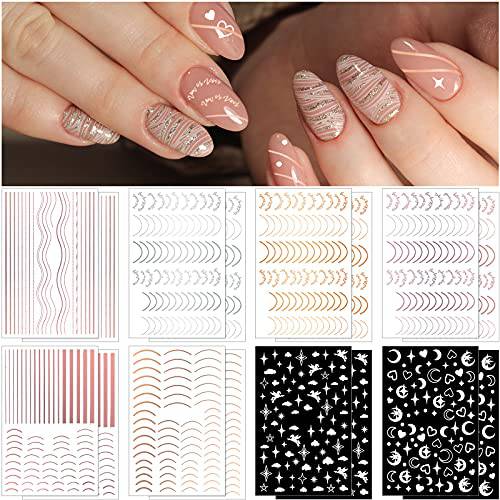 16 Sheets Line Nail Art Stickers French Line Nail Stickers Metallic 3D Strip Straight Line Nail Stickers Wave Curve Stars Self-Adhesive Nail Decals for DIY Nail Design Salon Women Girls, 8 Styles