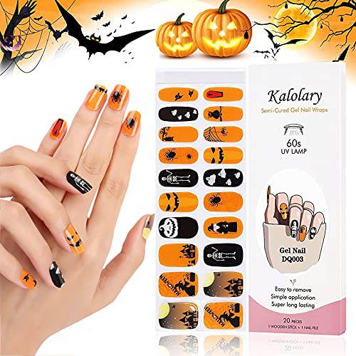 Kalolary 20PCS Halloween Semi Cured Gel Nail Polish Strips, Halloween Nail Wraps Pumpkin Castle Ghost Spider Gel Stickers with Nail File and Stick（UV/LED Lamp Required）