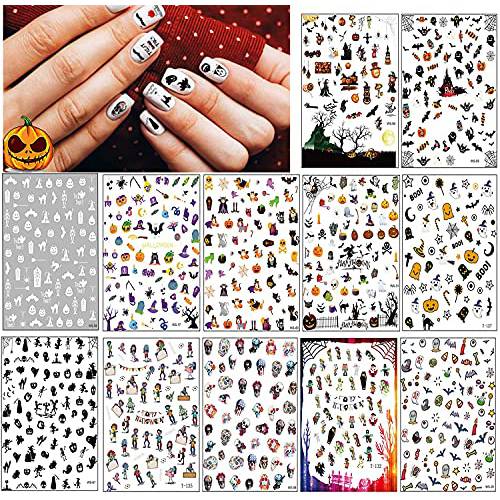 Halloween Nail Art Stickers Decals, HOINCO 12 Sheets Self-Adhesive DIY Nail Sticker Decals 3D Design Nail Decorations for Halloween Party Include Pumpkin/Bat/Ghost/Witch