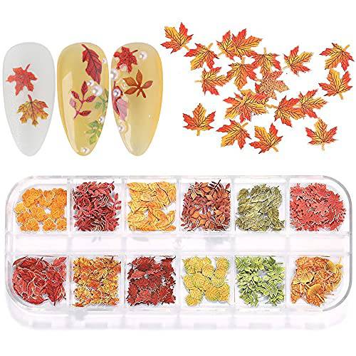 Fall Nail Decals, Fall Nail Art Glitters Maple Leaf Nail Stickers Nail Art Supplies Sequins 12 Grids Autumn Color Nail Art Accessories Flakes Wood Pulp Slices for Fall Nail Art Decorations and Crafts