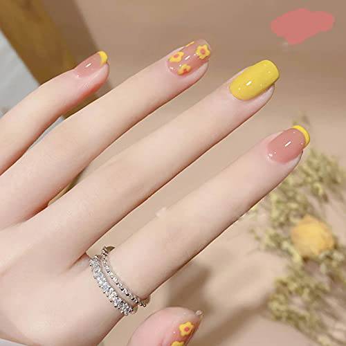 YoYoee French Fake Nails Short Cute Flower Press on Nails Square Yellow acrylics Full Cover False Nails for Women and Girls 24PCS