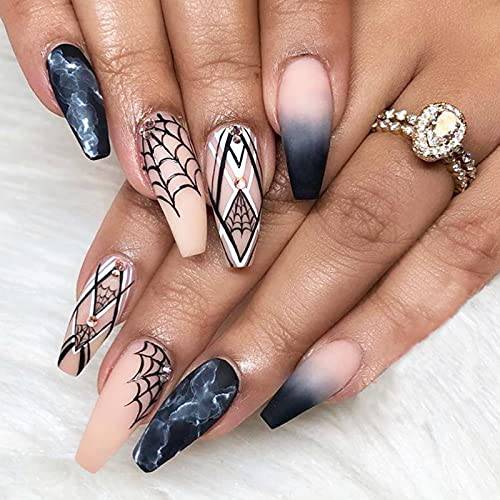Belicey Black Halloween Press on Nails Crystal Rhinestone False Coffin Nails Fashion Spiderweb Coffin Nails Full Cover Acrylic Party Arts French Nail Tips for Women Teen Girls
