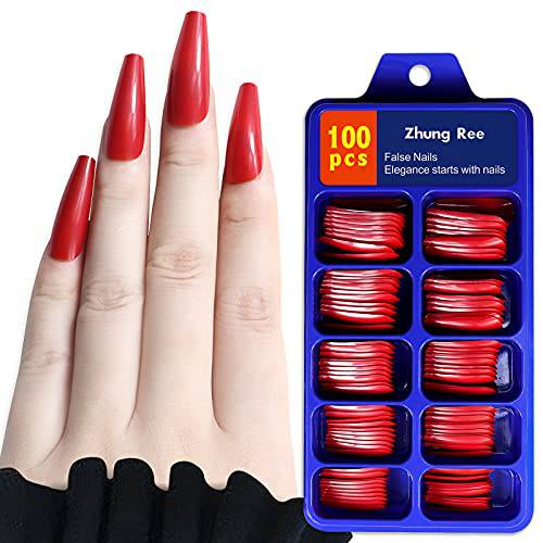 Extra Long Press on Nails 100pcs Red Coffin Fake Nails Ballerina Full Cover Acrylic False Nails with Case for Nail Art (red)