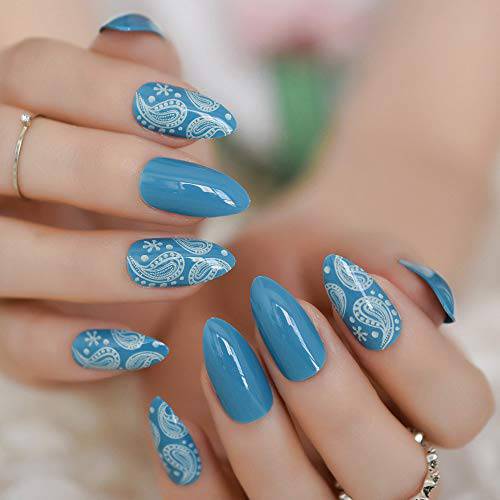 CoolNail Oval Fake Nail Stiletto Sharp False Nails Blue White Hexagon Pattern Shiny Blue Glitter Pre Design Nail Tips For Bride Party